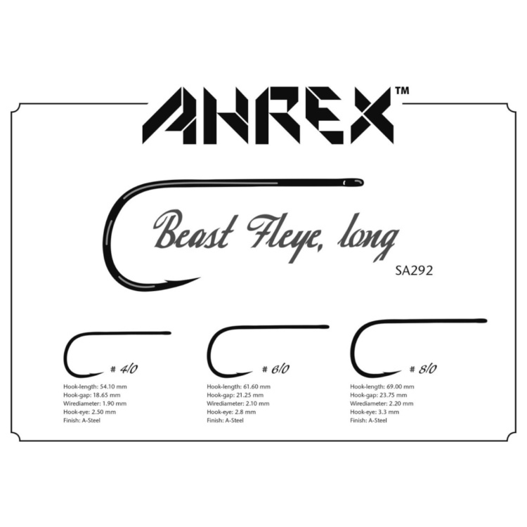 Ahrex SA292 Beast Fleye, Long #6-0 Saltwater Fly Tying Hooks Stainless Steel Straight Eye Streamer Hook